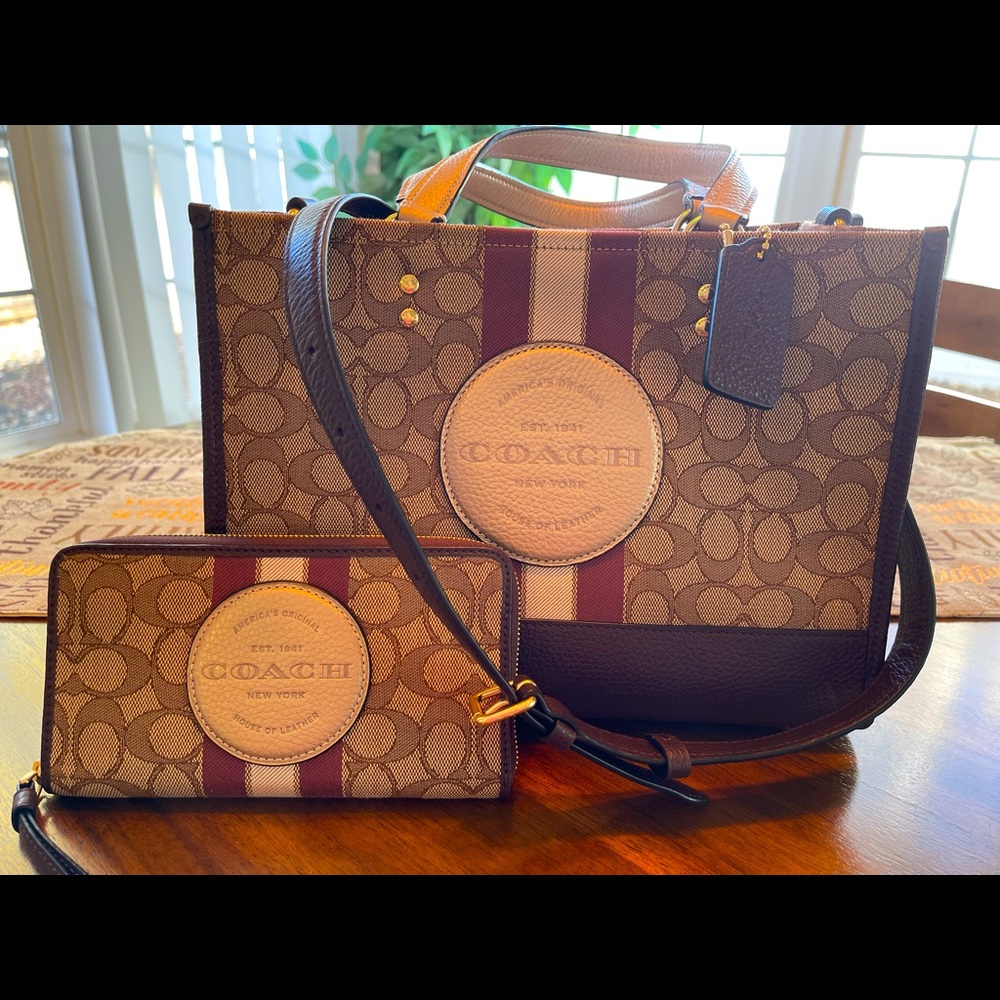 Dempsey Carryall In Signature Jacquard With Stripe And Coach Patch and wallet